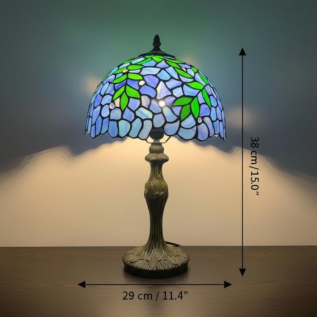 Dimensions showing 38cm height and 29cm width of stained glass lamp