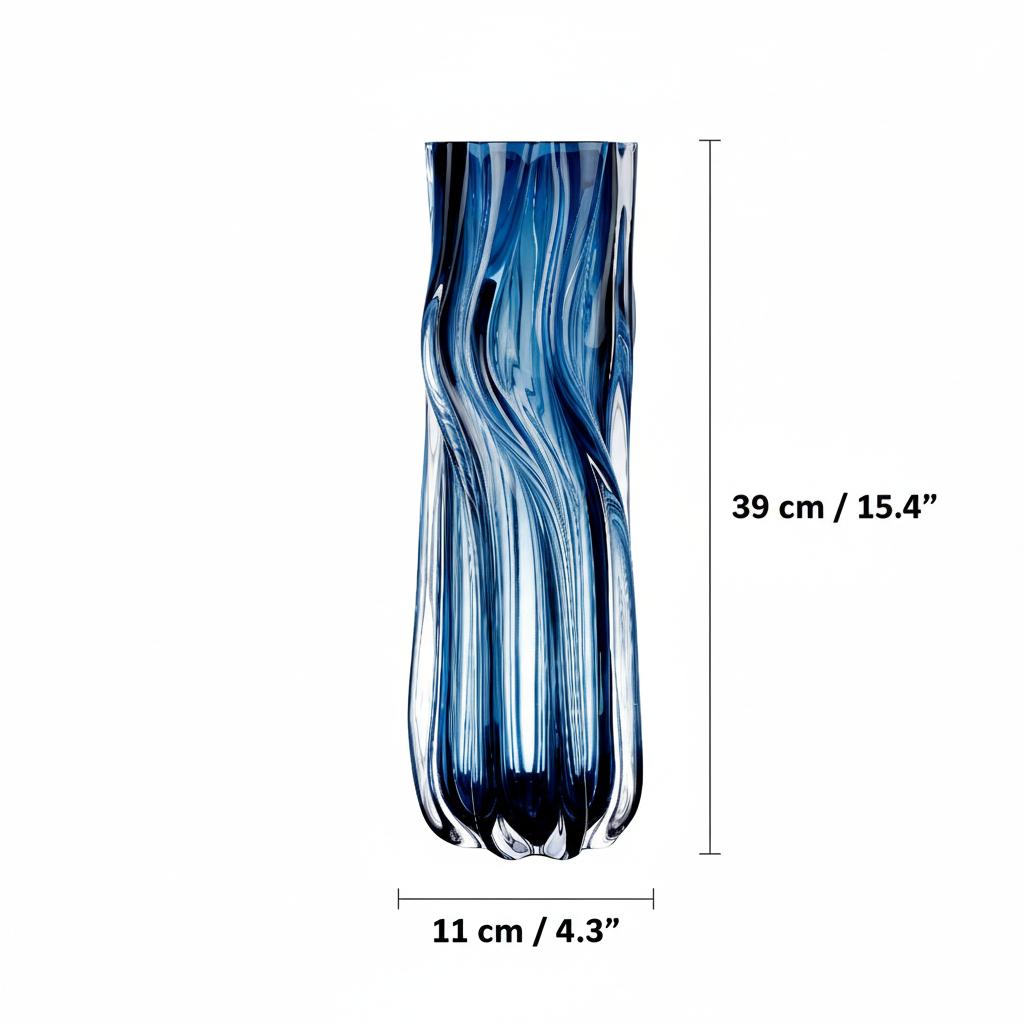 Dimensions diagram of the blue swirled glass vase