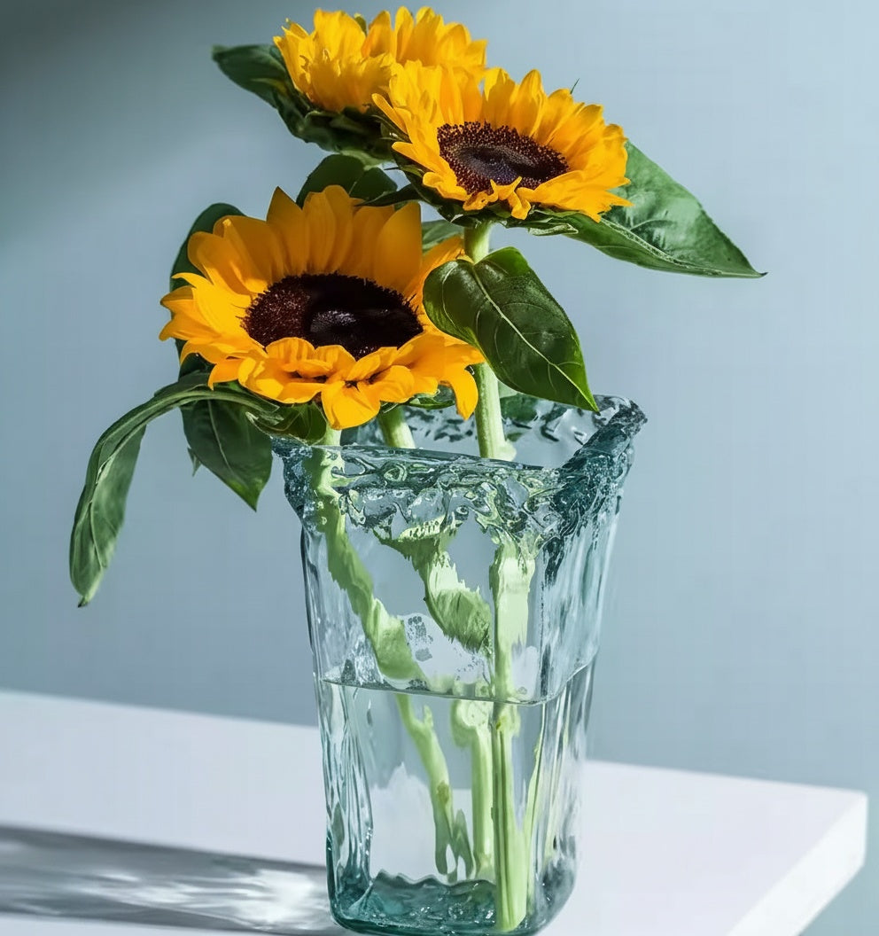 Blue Textured Glass Flared Vase With Sunflowers