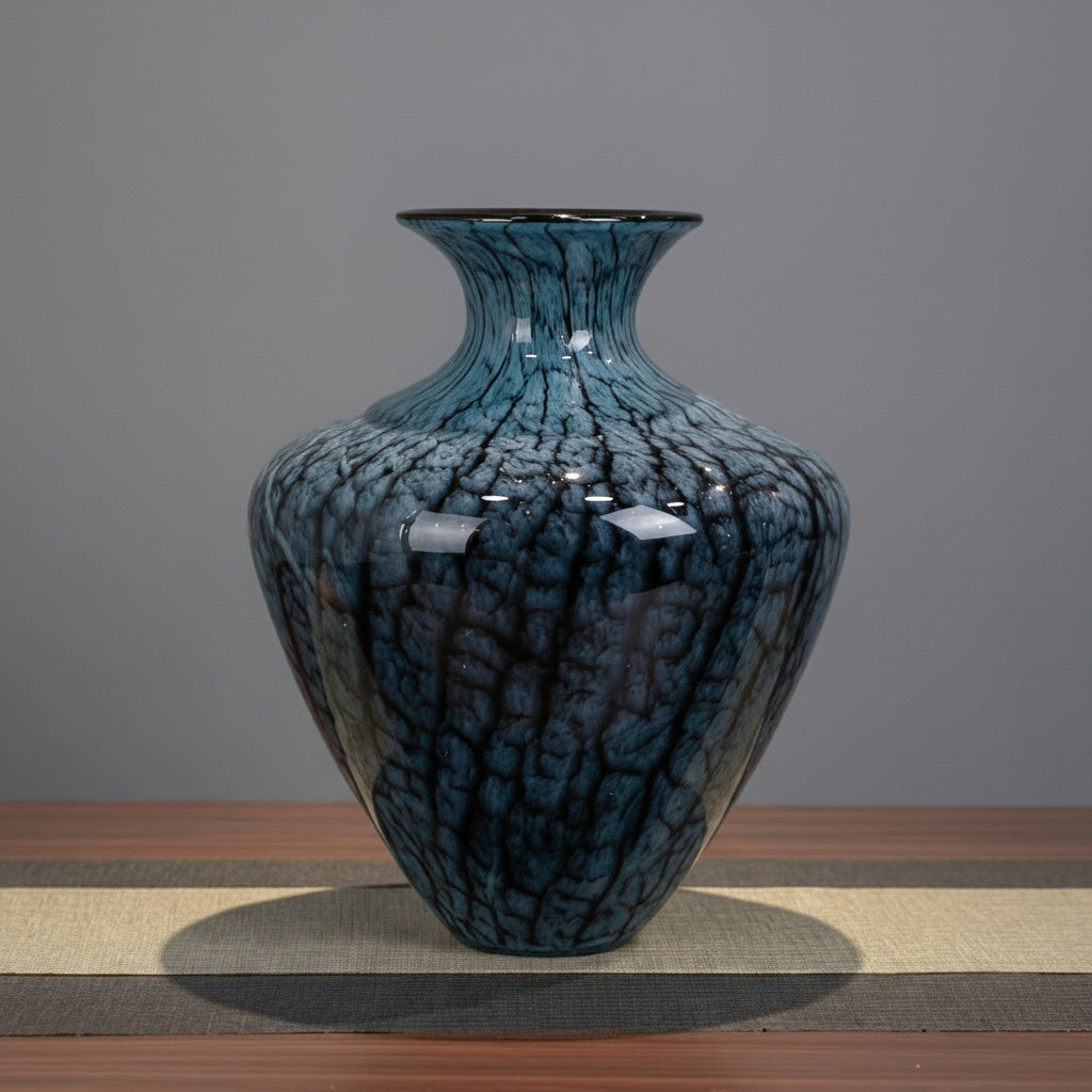 Empty blue veined patterned ceramic vase showing glossy finish