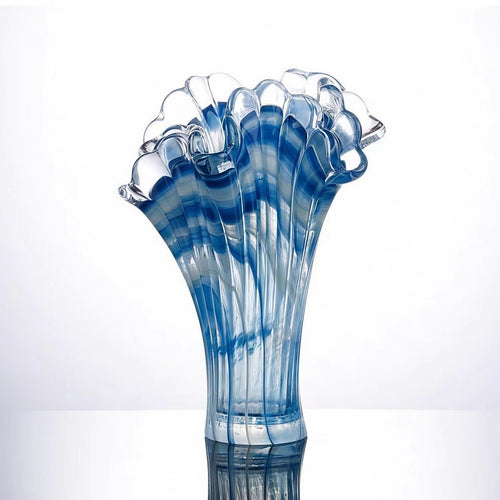 Blue and white swirl glass scalloped vase main view