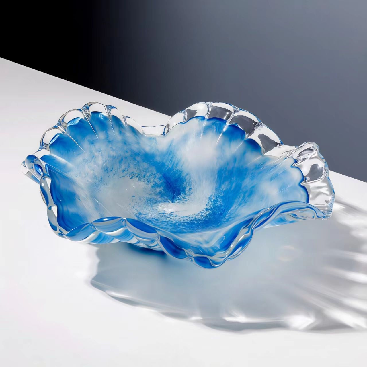 Top down view of blue swirl glass bowl