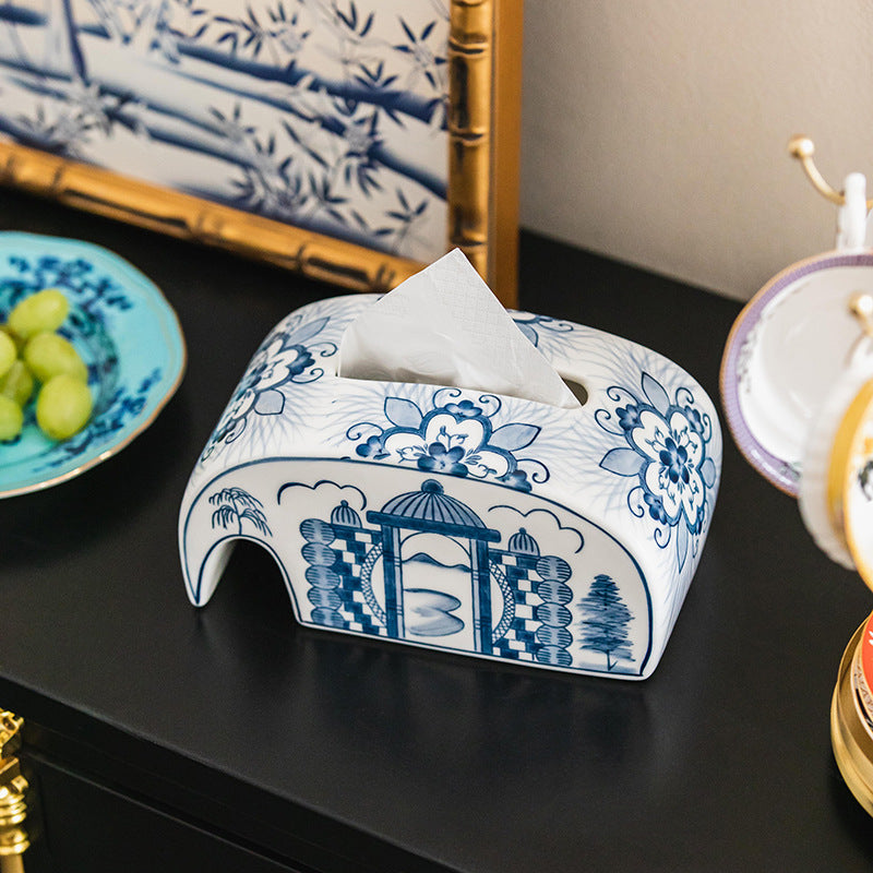 Side view of blue and white porcelain tissue cover