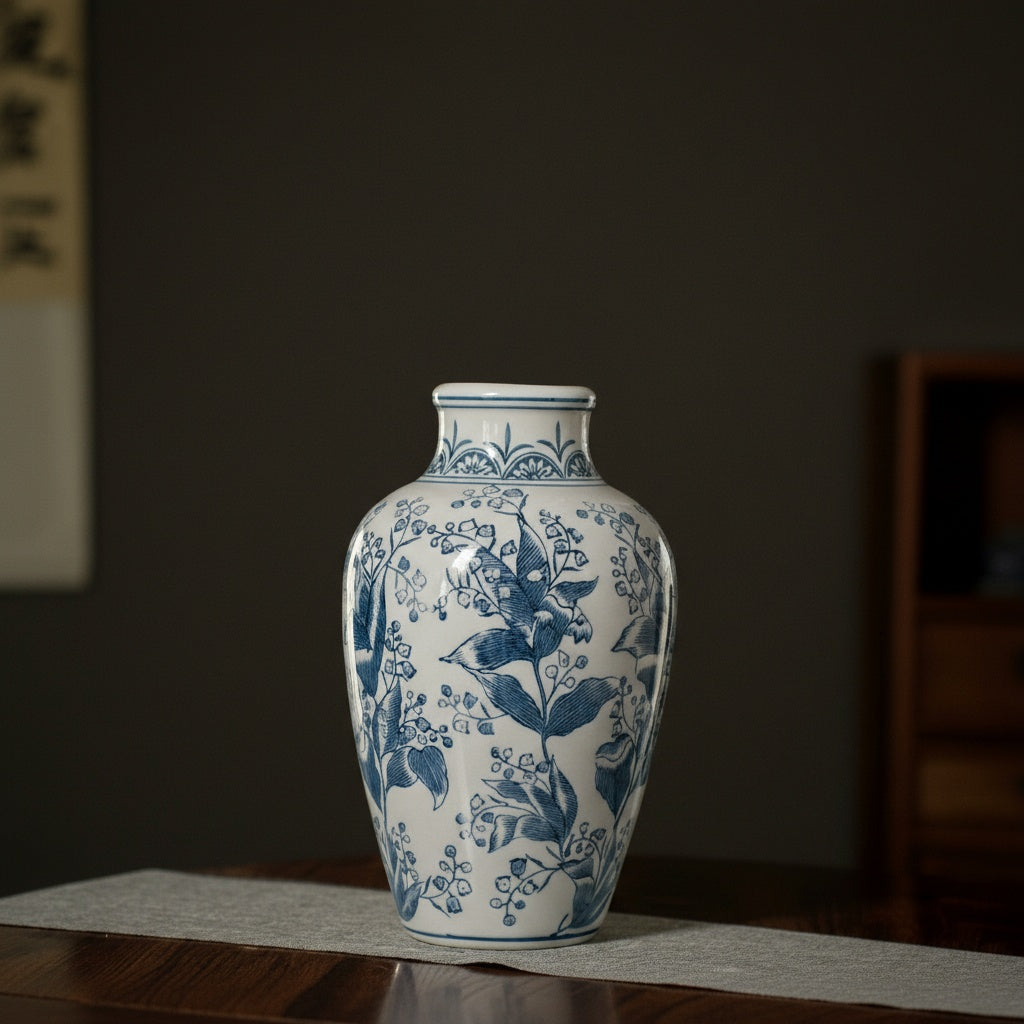 Close up of blue and white ceramic vase botanical details