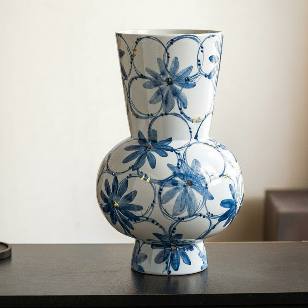Blue & White Ceramic Bulbous Vase