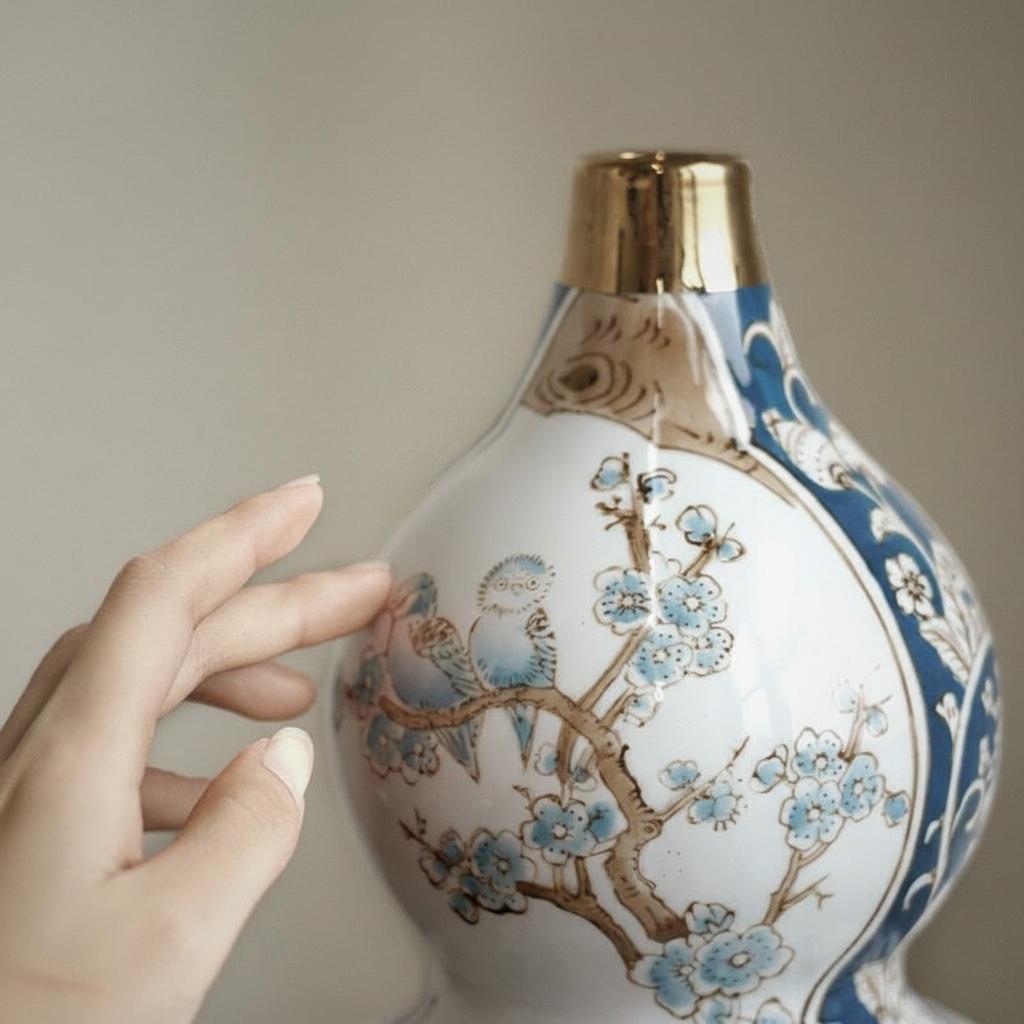 Close up of hand touching blue and white ceramic vase