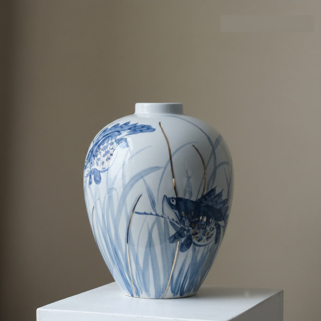 Close up of ceramic fish vase showing gold accents and blue brushwork