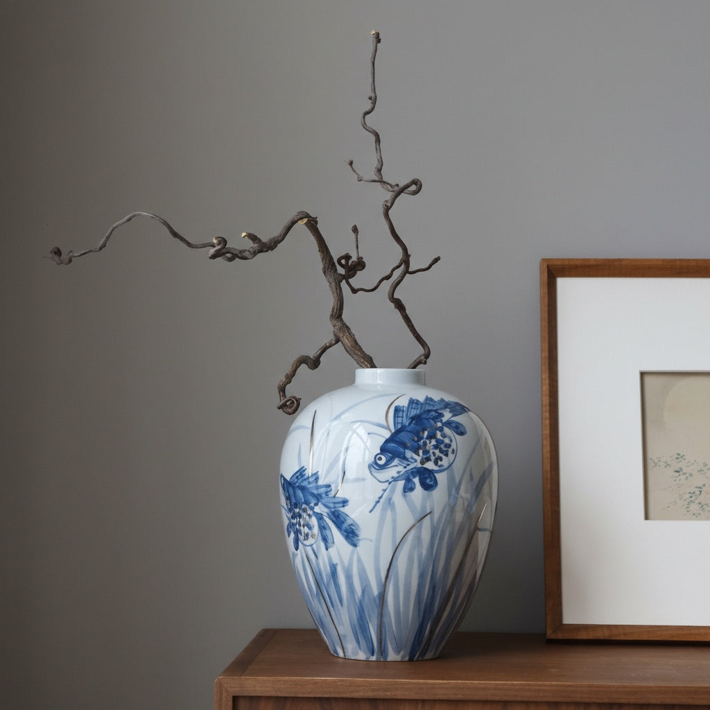 Blue and white ceramic vase styled with dry branches on wooden sideboard