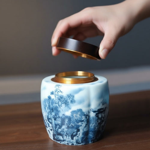 Open blue and white ceramic tea caddy showing metallic inner seal and wooden lid
