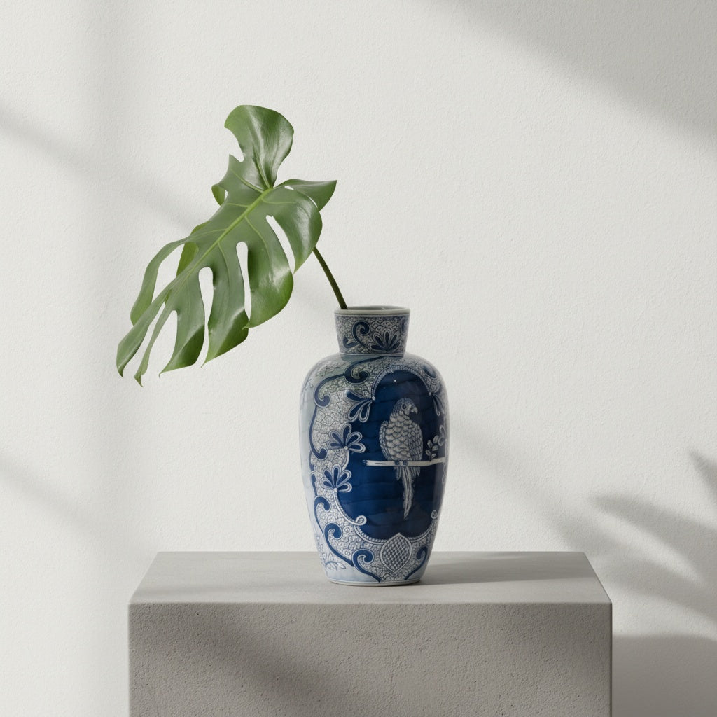 Front view of blue and white ceramic vase with parrot motif