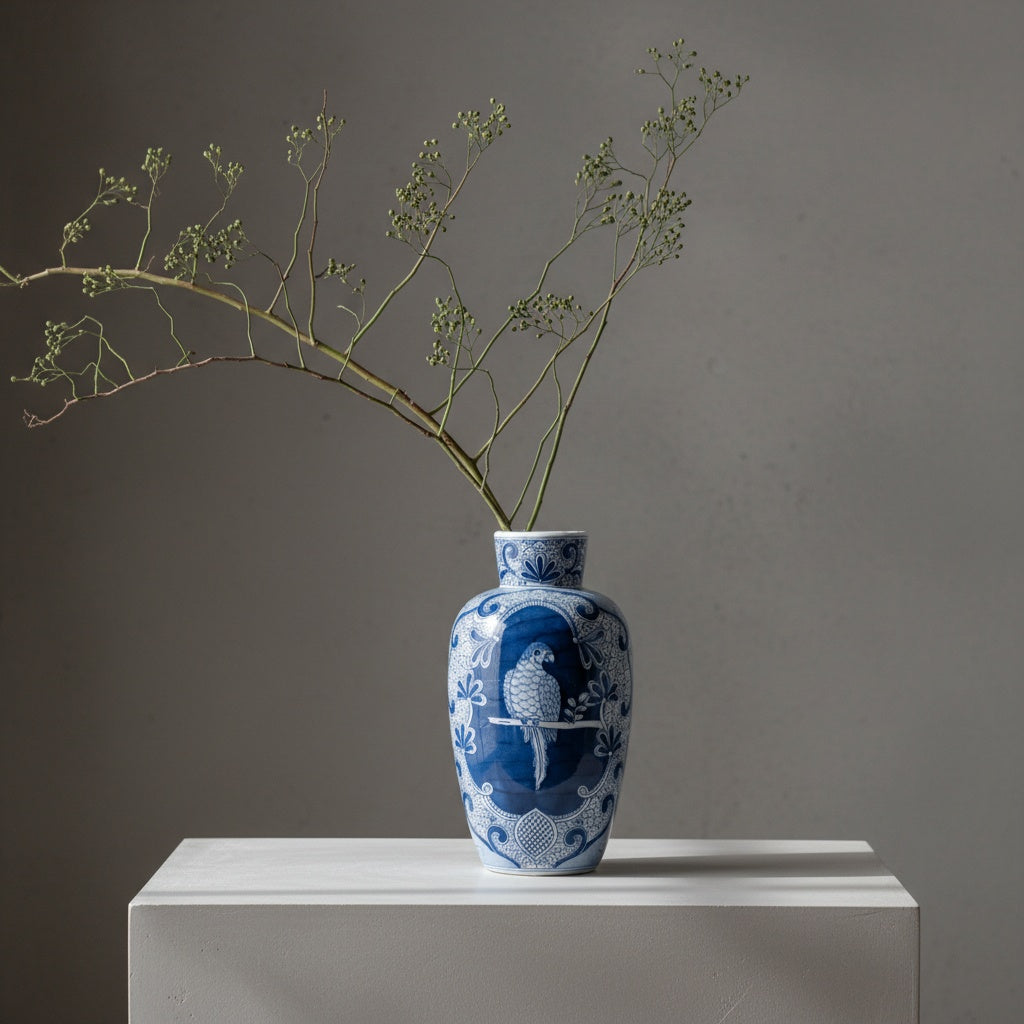Ceramic vase with floral branches styled in a modern interior