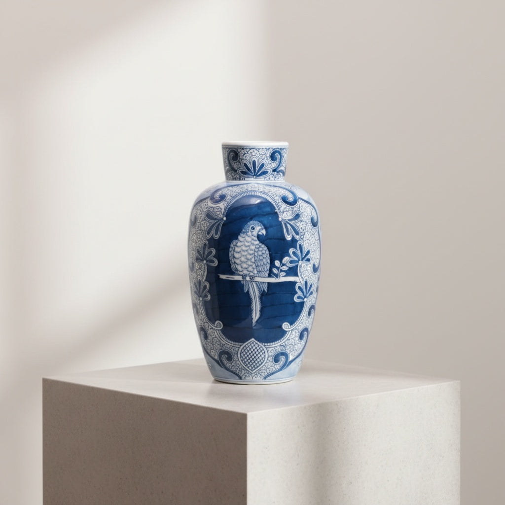 Angled view of blue and white parrot vase on white surface