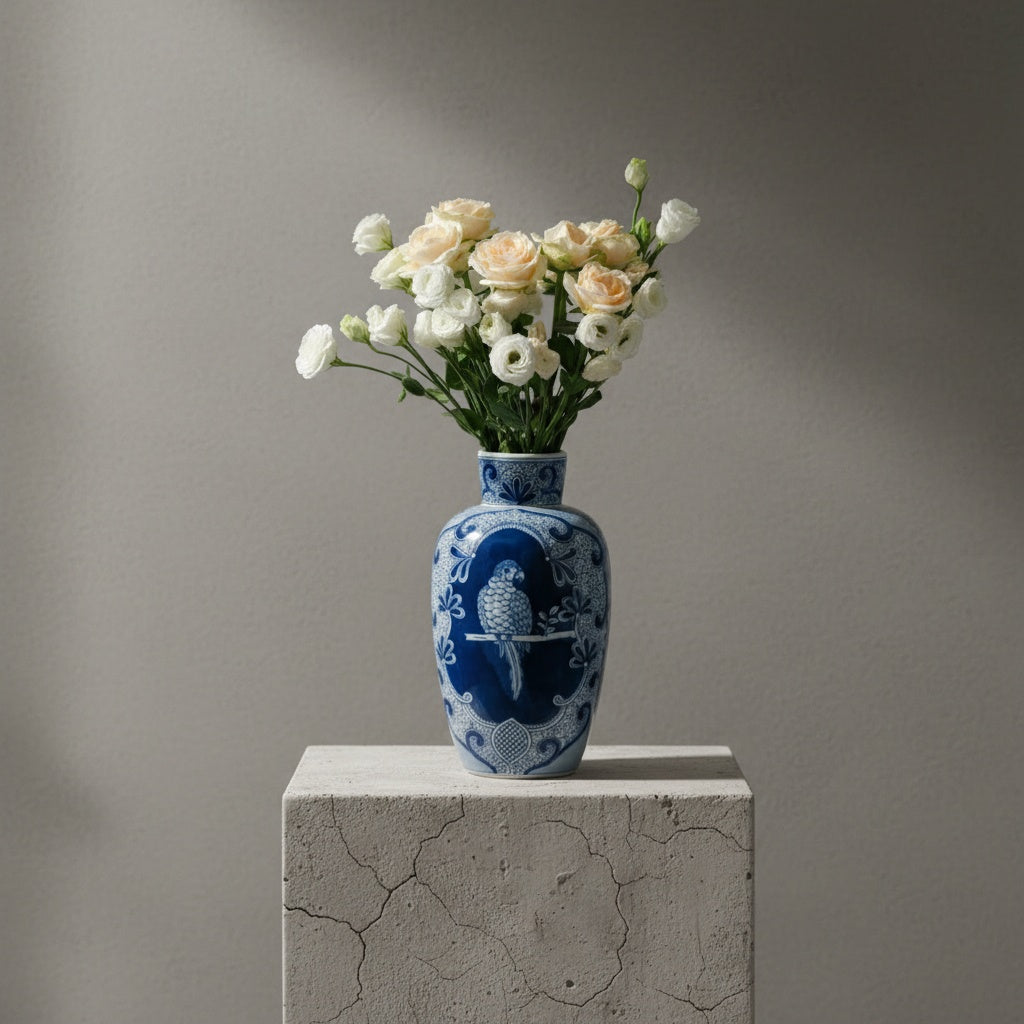 Lifestyle shot of ceramic vase with fresh flowers in living room