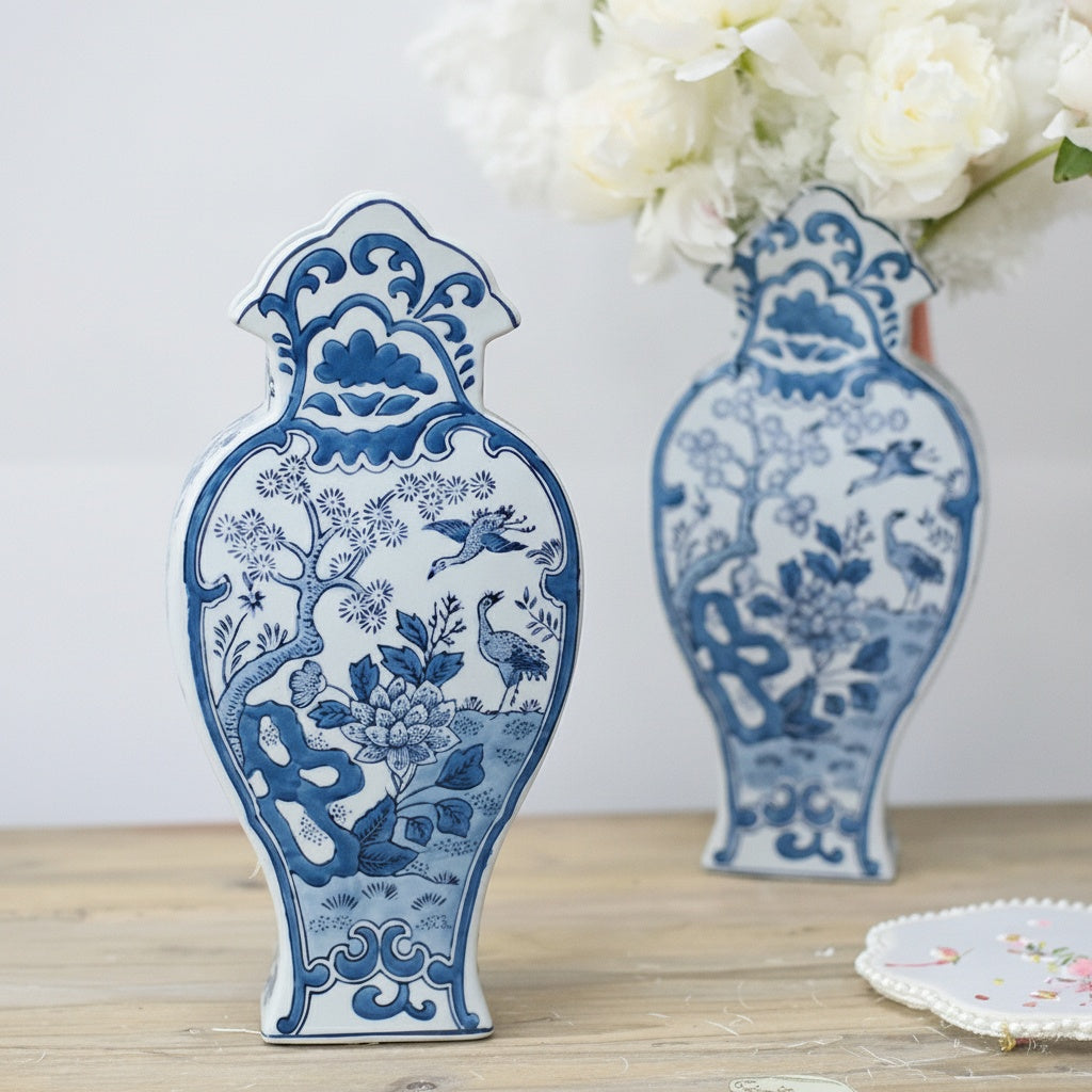 Two blue and white ceramic profile vases on a wooden table