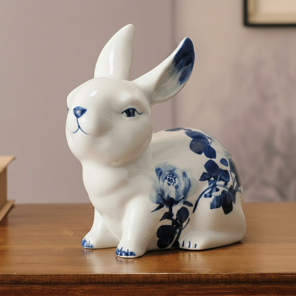 Sitting ceramic rabbit figurine with blue peony design
