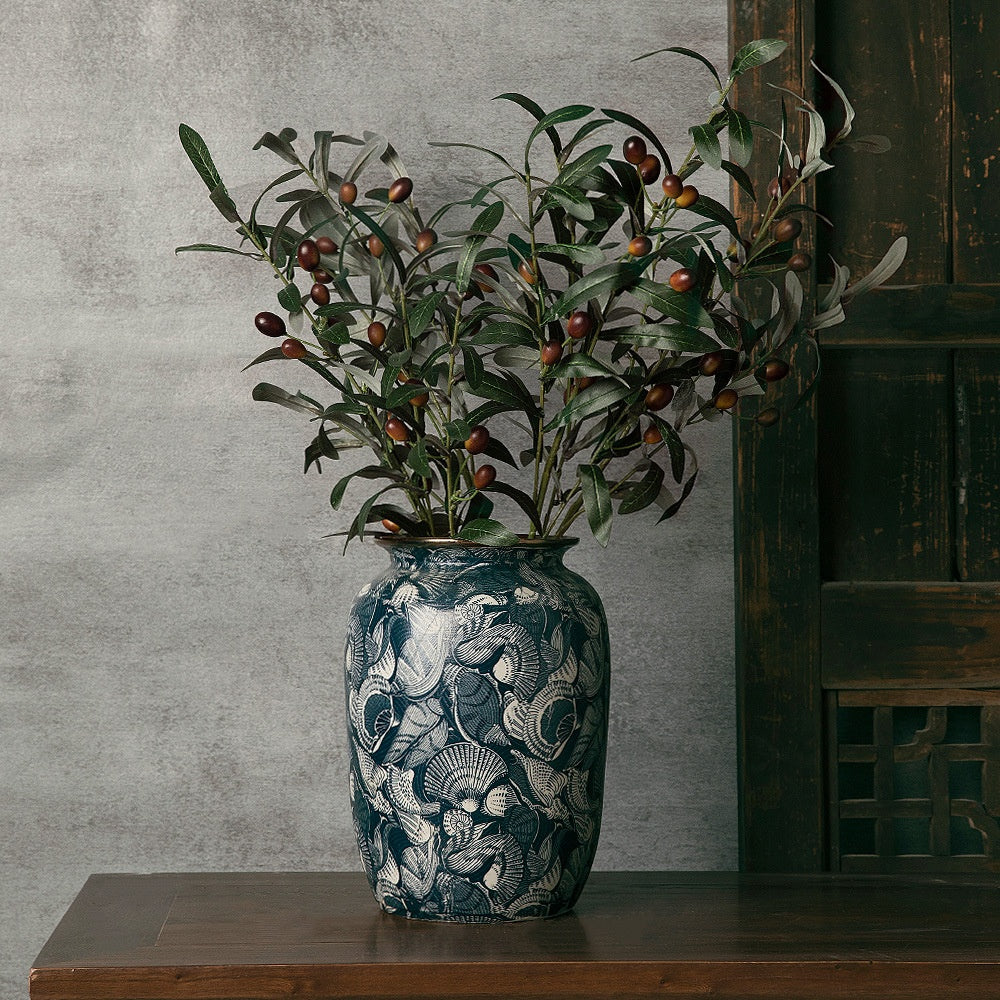 Medium stout ceramic vase with faux olive branches