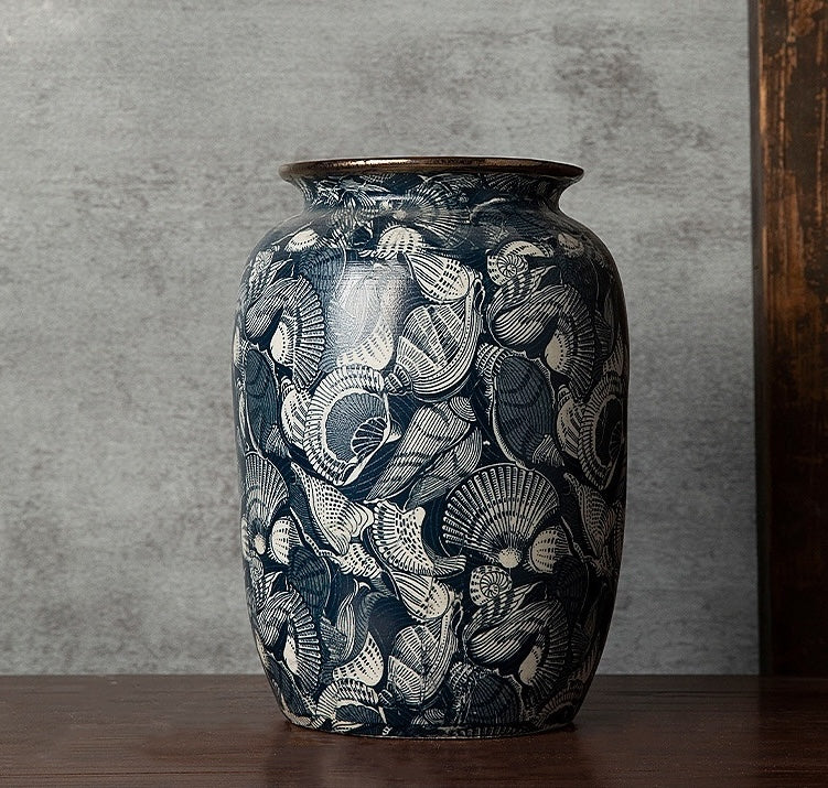 Medium blue and white shell patterned vase product shot