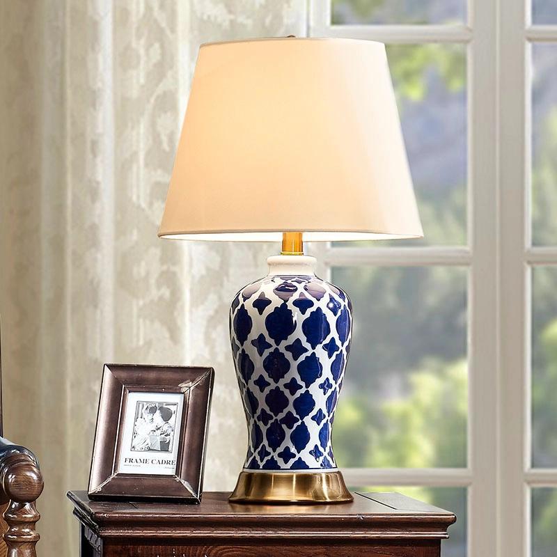 Blue and white ceramic ginger jar table lamp front view