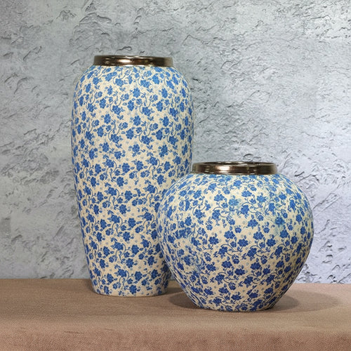 Blue and white floral ceramic vase set with metallic rim