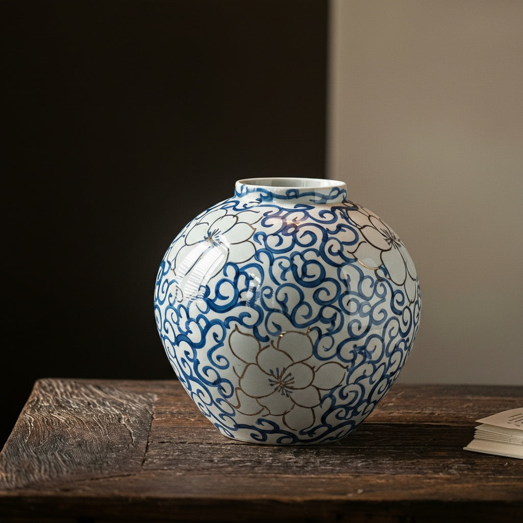 Close up of blue and white ceramic orb vase showing gold detailing