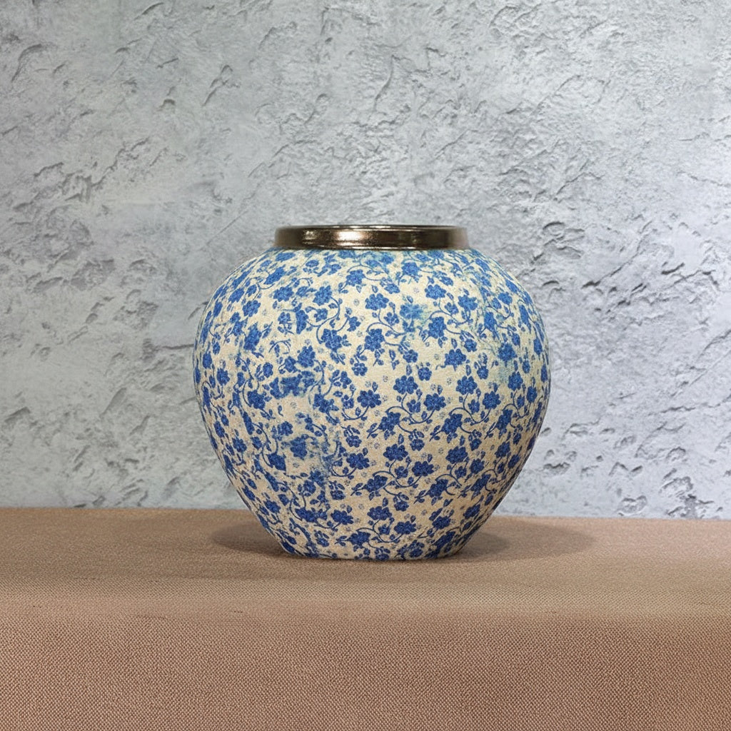 Round blue and white floral ceramic vase