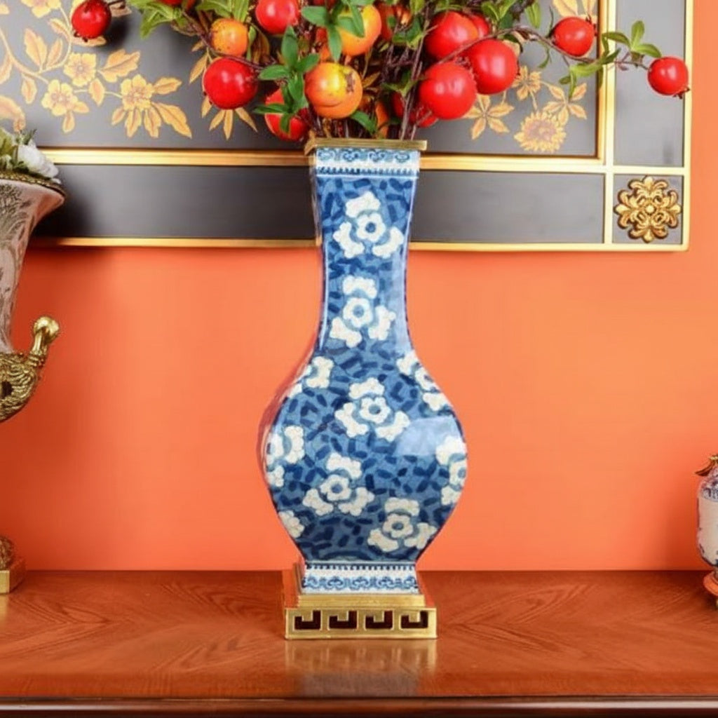 Blue and White Floral Porcelain Square Vase