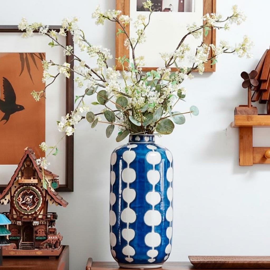 Luxury porcelain vase with geometric design on shelf