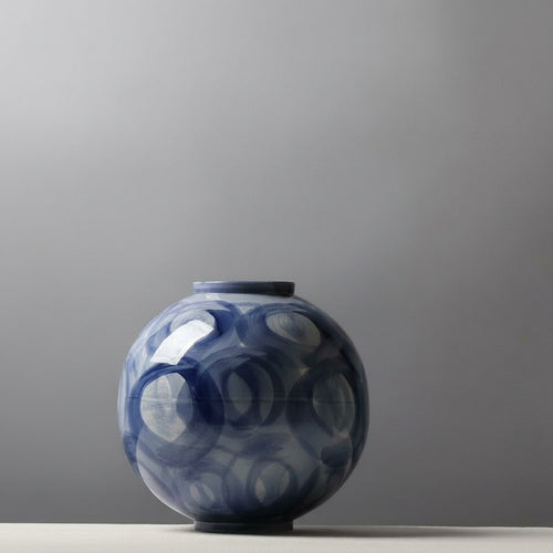 Blue and White Glazed Ceramic Spherical Vase