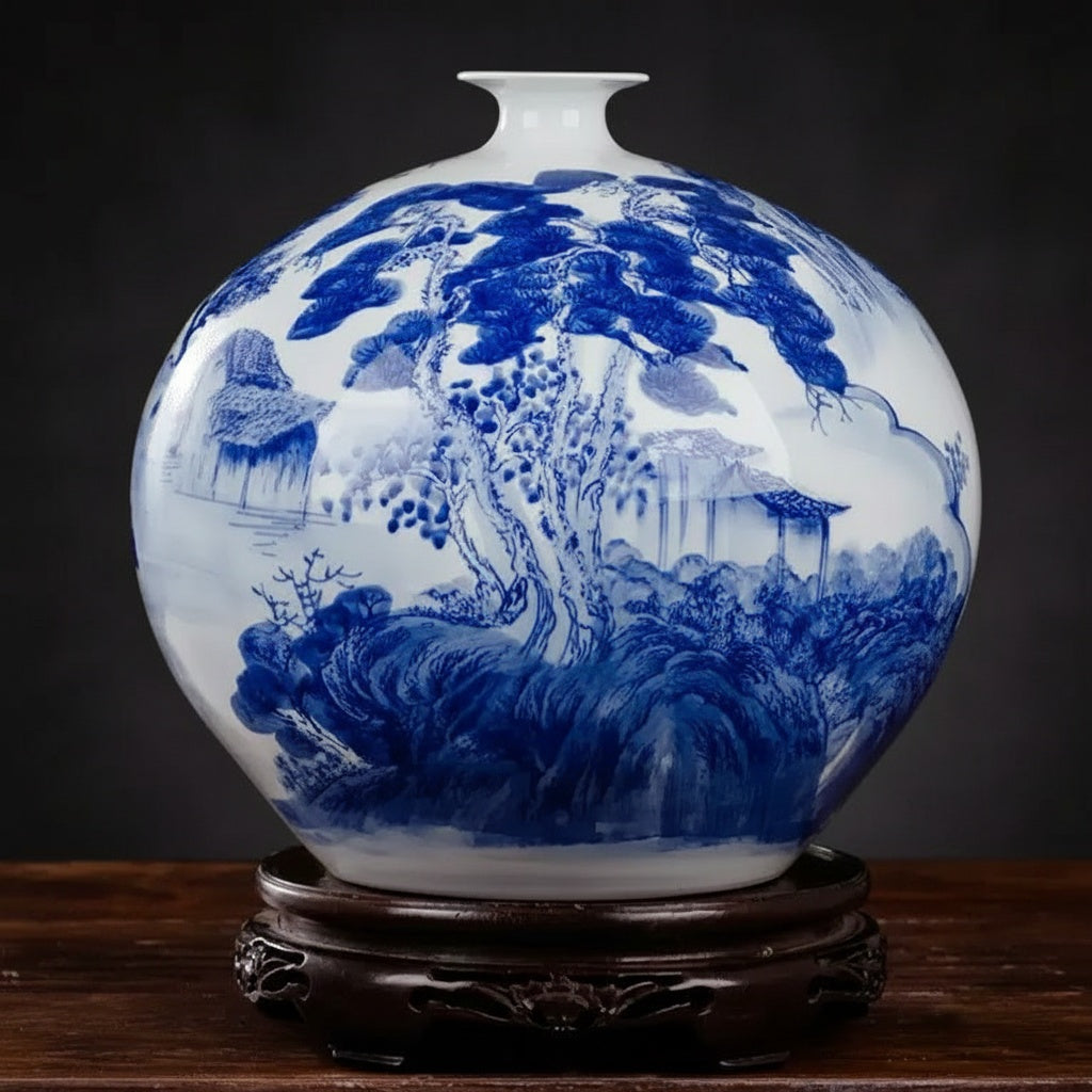 Blue and white porcelain spherical vase with landscape design