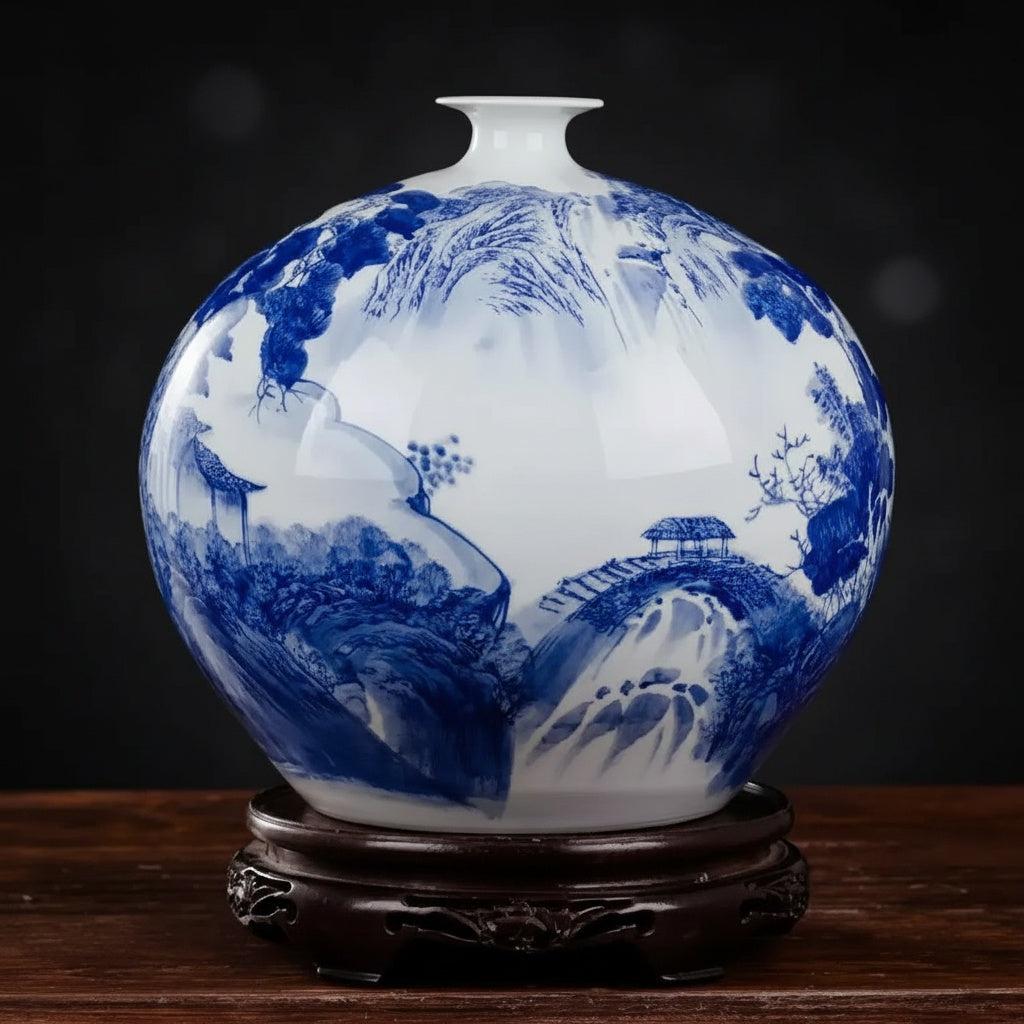 Blue and white porcelain spherical vase with flowing water landscape design