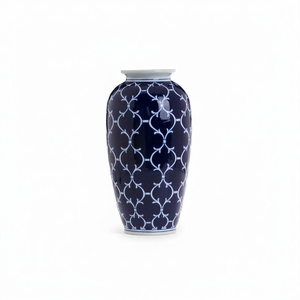 Blue & White Patterned Ceramic Vase Front View