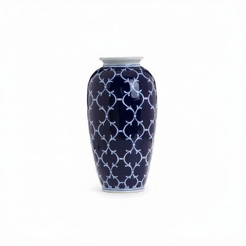 Blue & White Patterned Ceramic Vase Front View