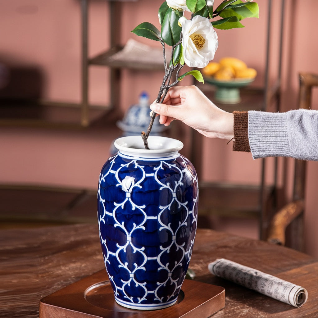 Blue & White Patterned Ceramic Vase with Flowers