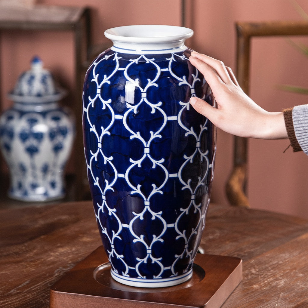 Blue & White Patterned Ceramic Vase Texture Detail