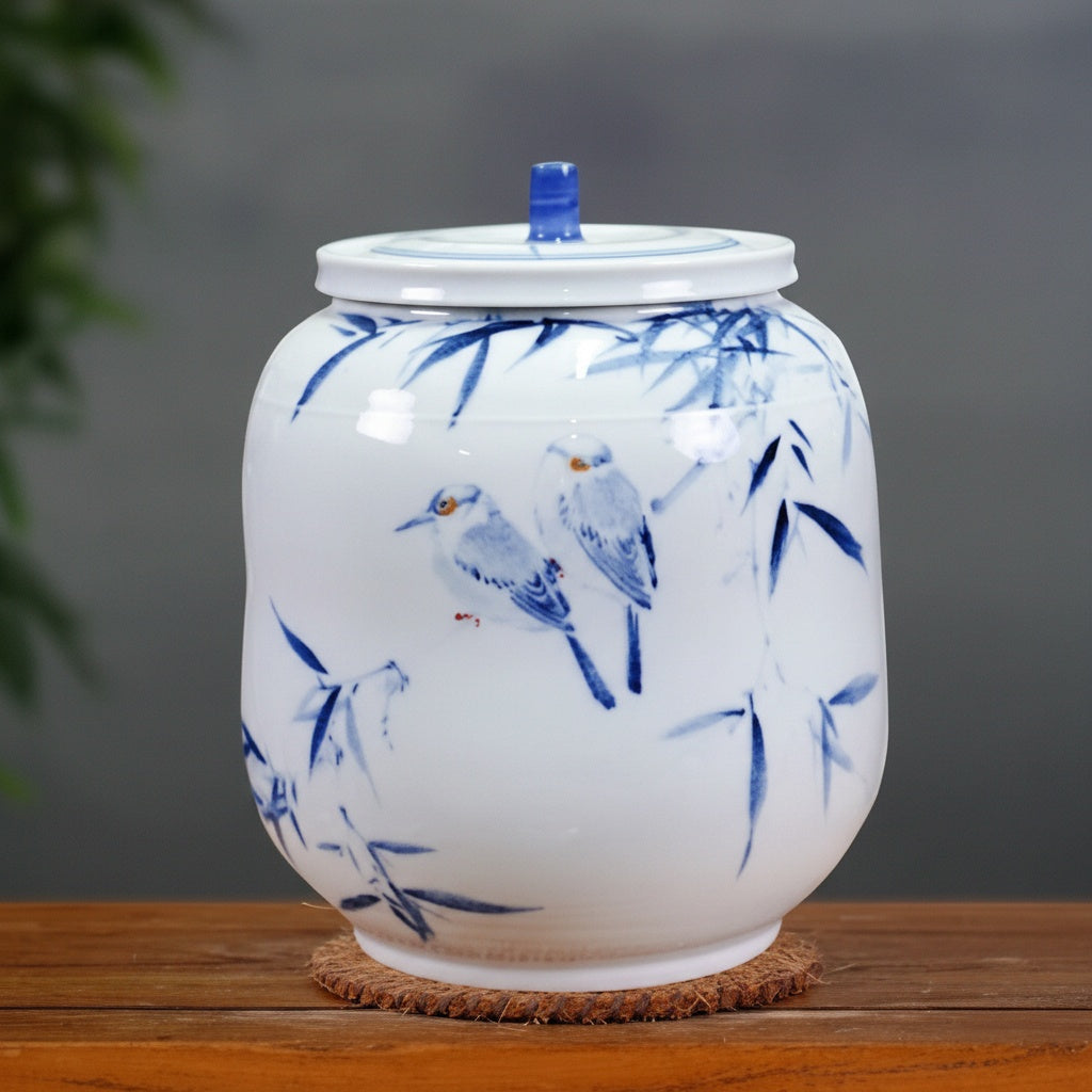Blue and white porcelain jar with bird motif front view