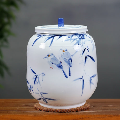 Blue and white porcelain jar with bird motif front view