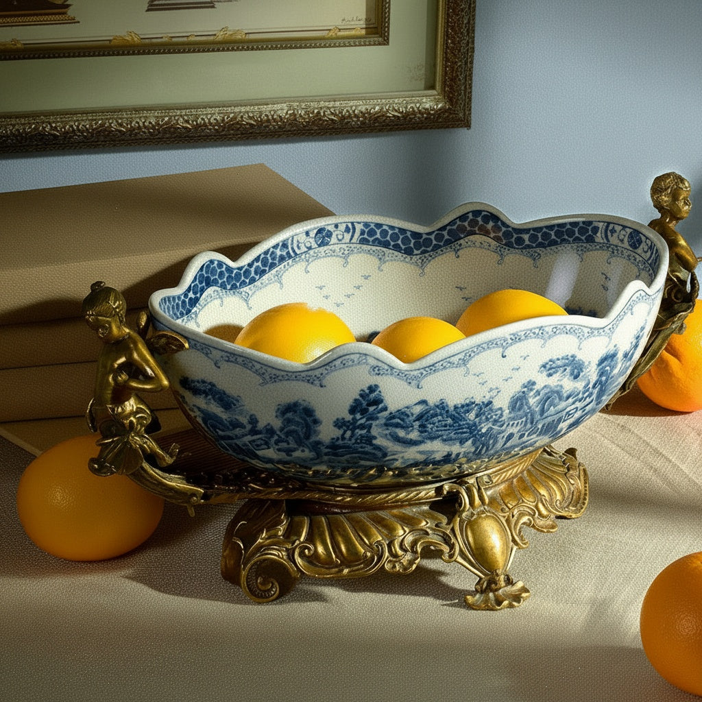 Blue And White Porcelain And Brass Centerpiece Bowl