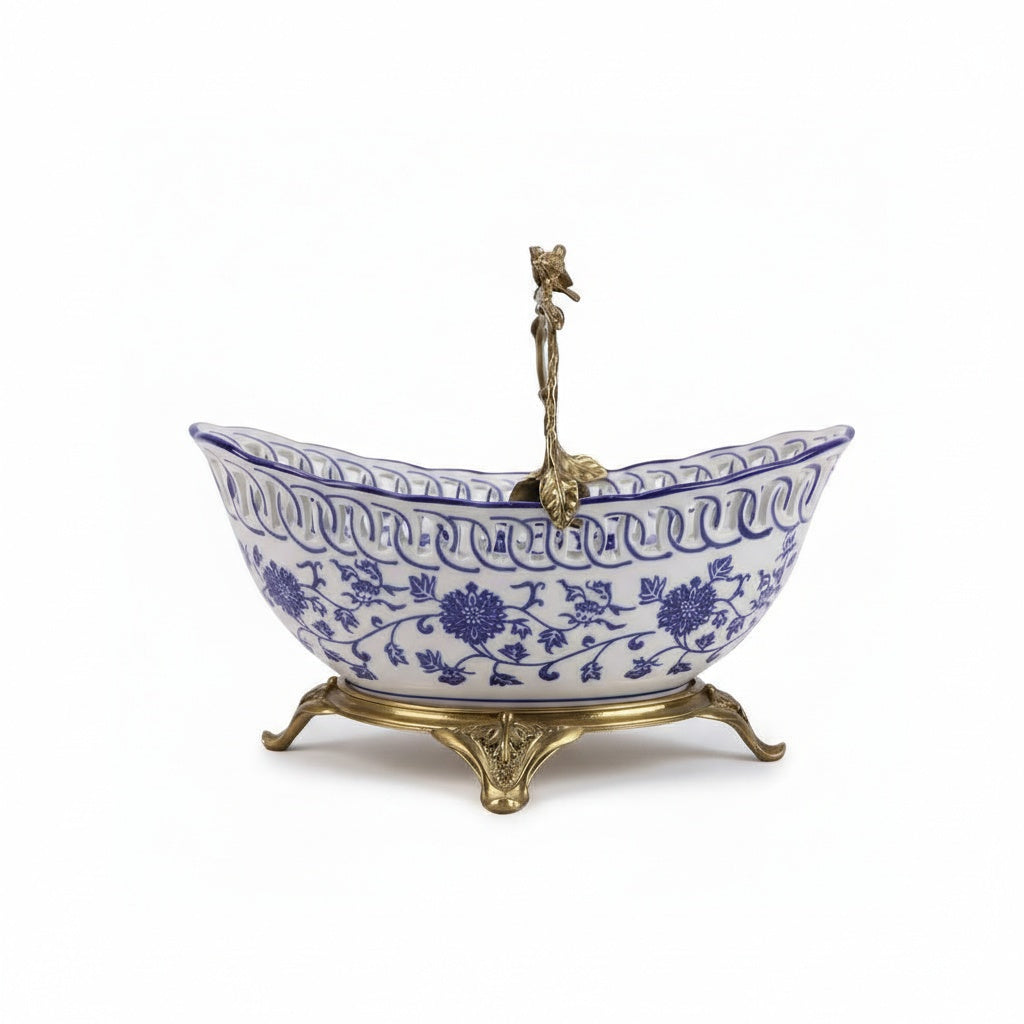 Side profile of oval porcelain centerpiece bowl with brass stand