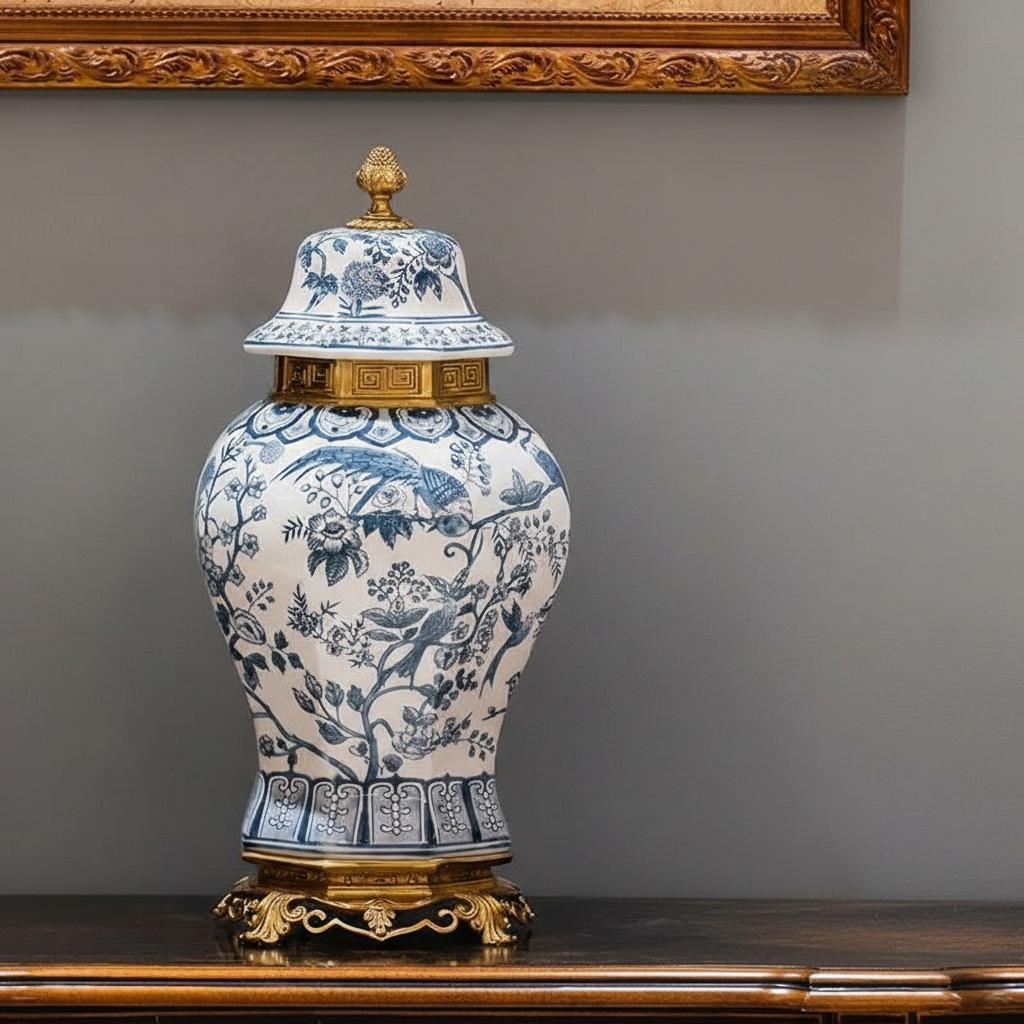 Large blue and white chinoiserie porcelain jar with brass lid and base