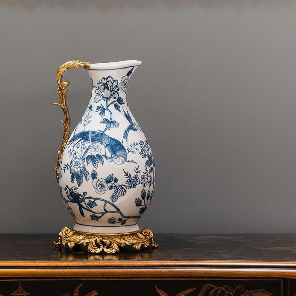 Blue and white porcelain pitcher with gold brass handle and base