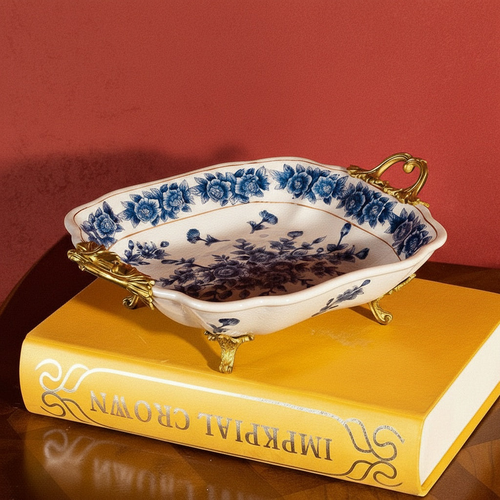 Empty scalloped porcelain tray with blue floral design and brass feet