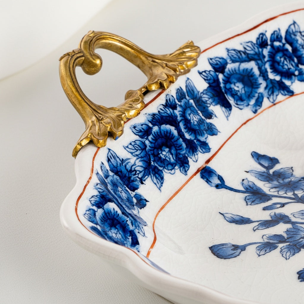 Close up of crackle glaze porcelain texture and ornate brass handle