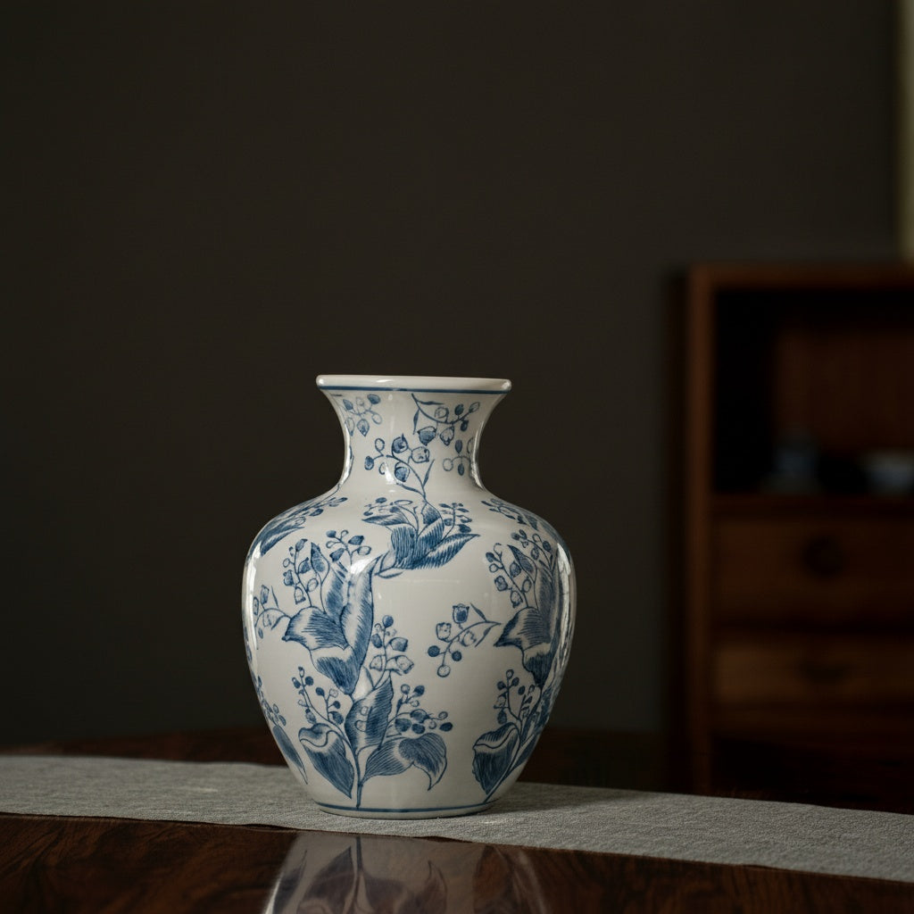 Blue and white porcelain botanical vase