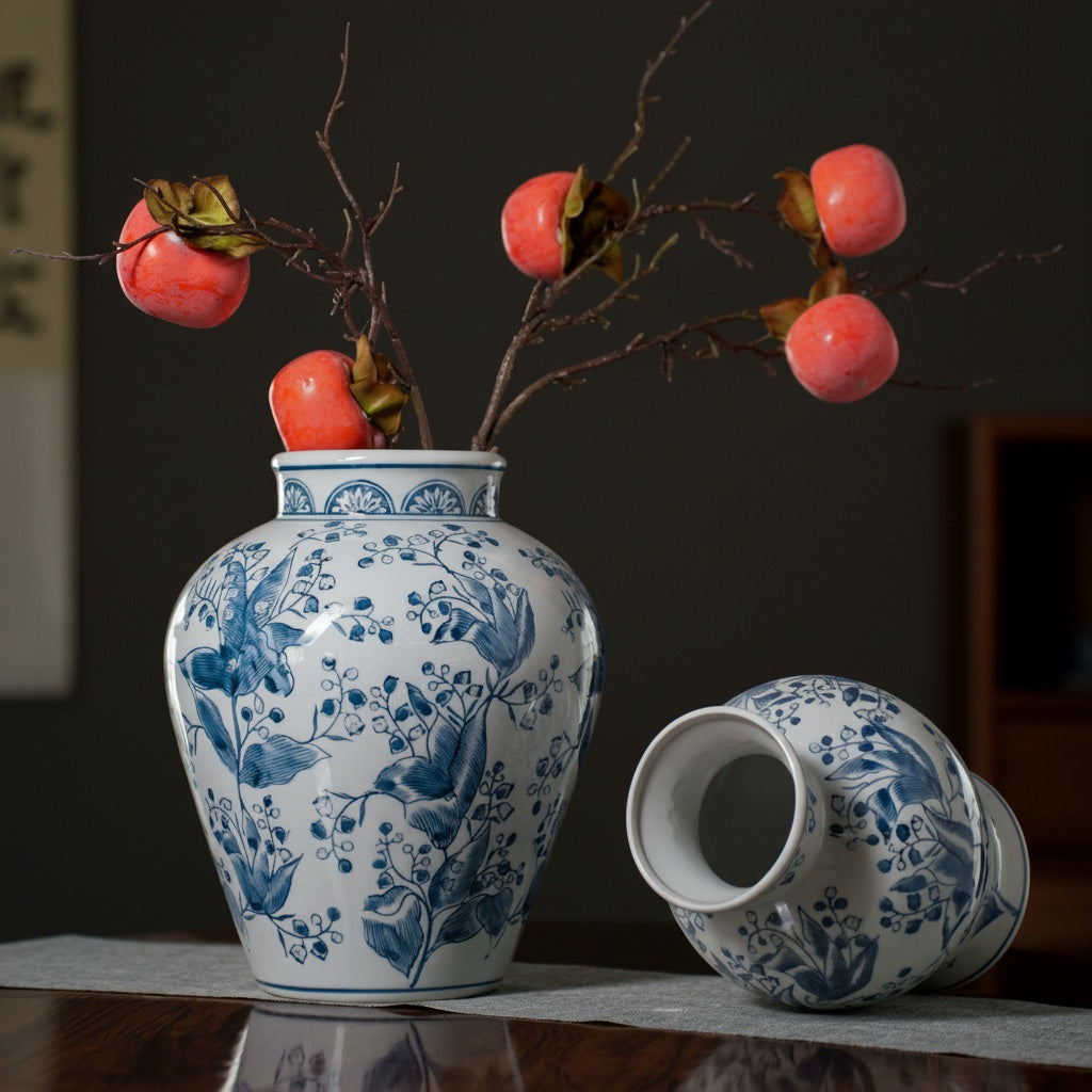 Two blue and white porcelain vases with decorative branches