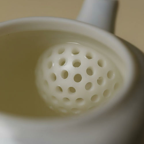 Interior view of teapot showing built-in spherical strainer