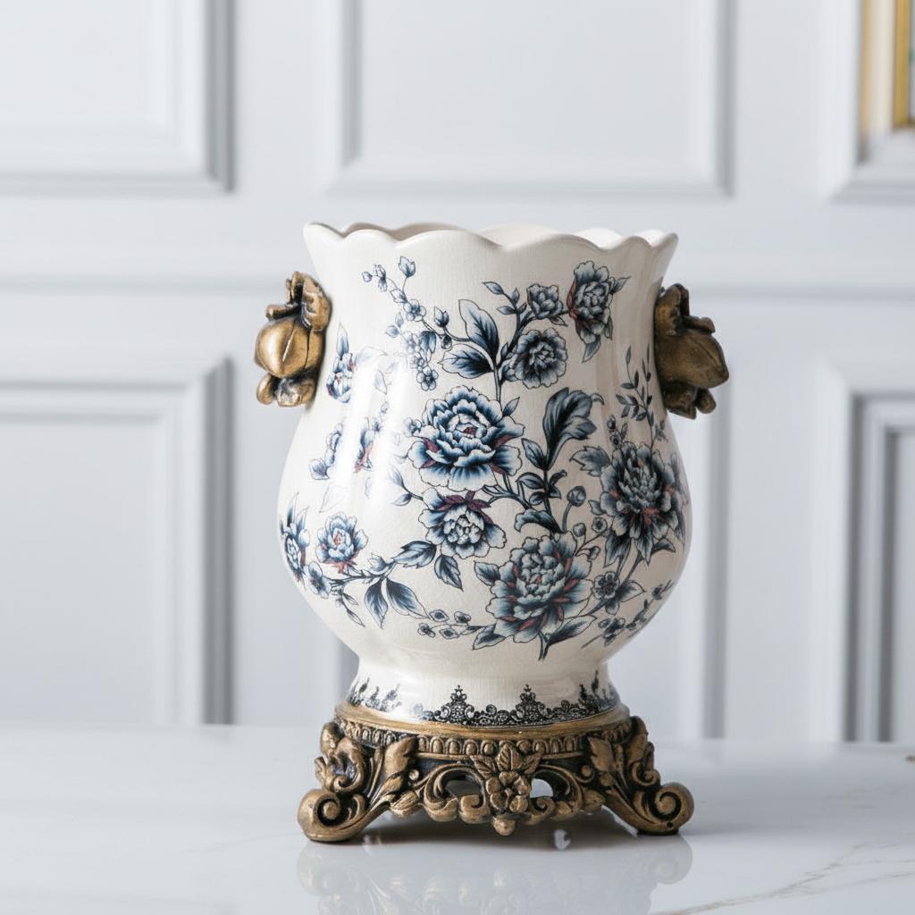 Front view of blue and white porcelain vase with gold accents