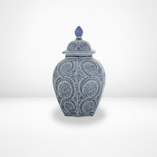 Front view of blue and white hexagonal porcelain jar with lid