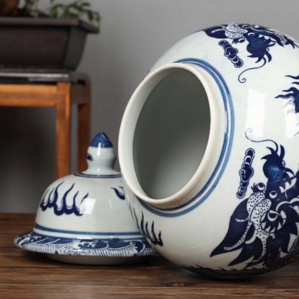 blue white porcelain jar with lid removed showing interior ceramic craftsmanship detail