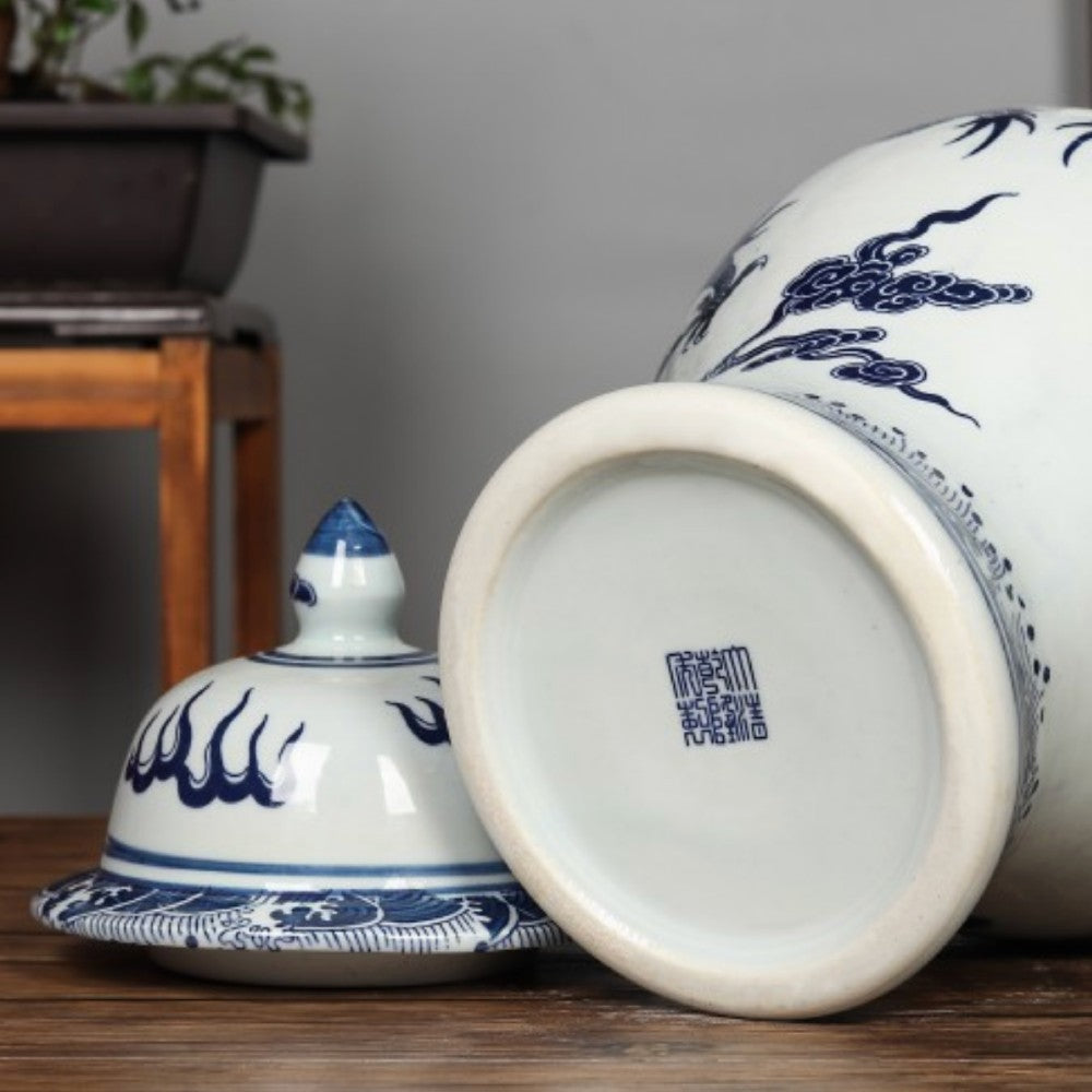 underside of blue and white porcelain jar showing base mark and ceramic finish detail