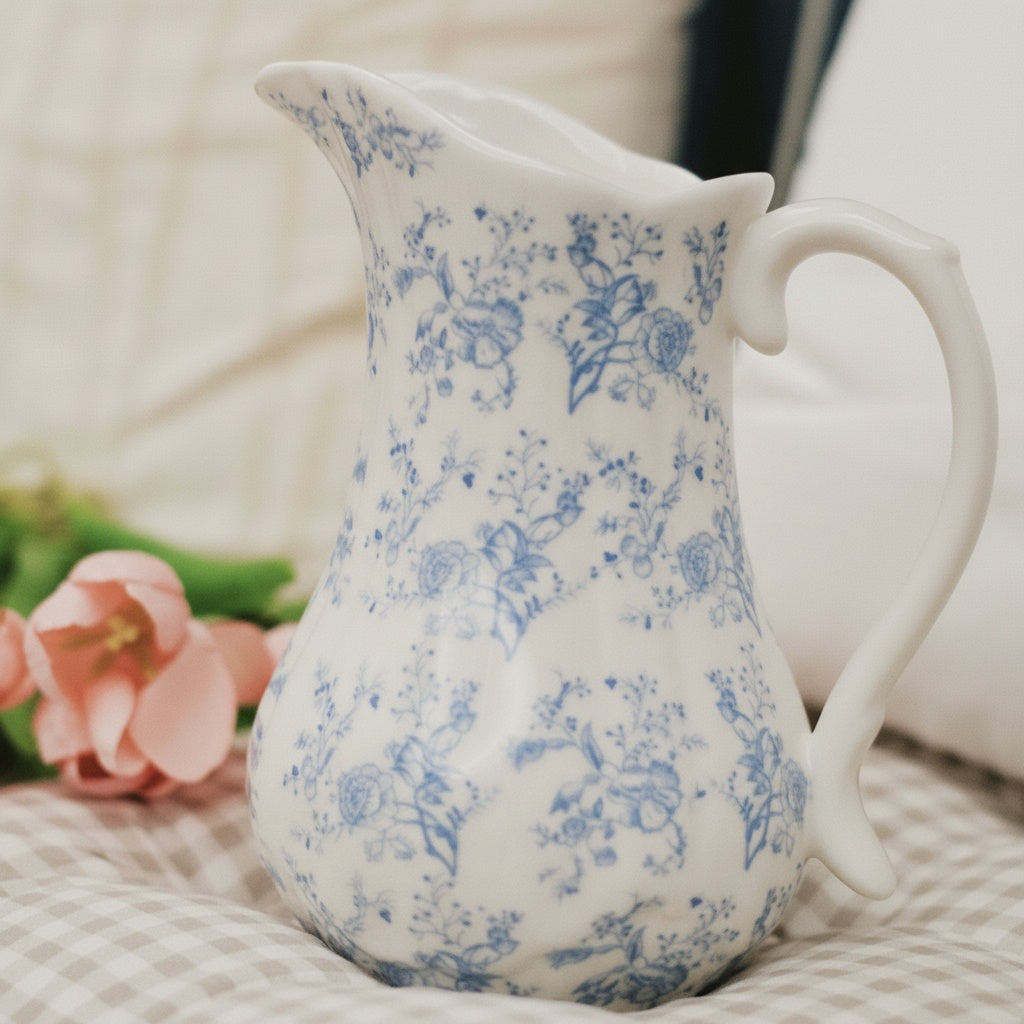 Close up of blue floral pattern on white porcelain jug